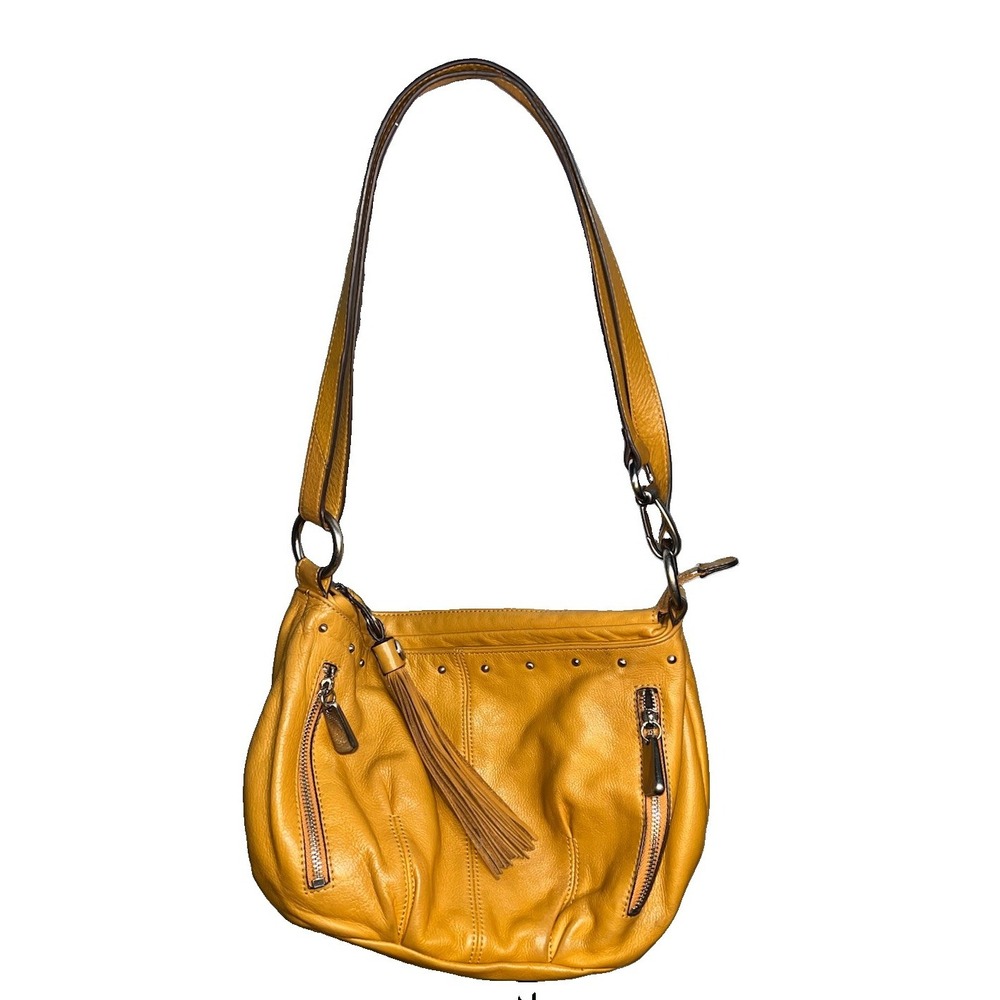 B.Makowski Leather Studded Single Double Strap Convertible Leather Handbag Logo